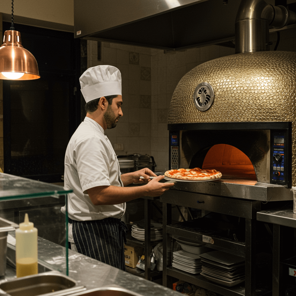 Mano de un chef preparando pizza frente a un horno de leña